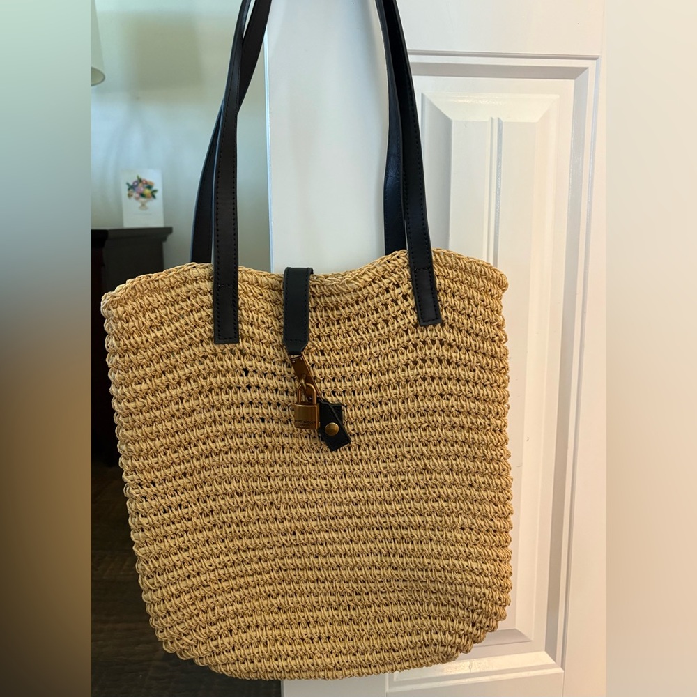 Kurt Geiger Brixton Straw Tote with Black Leather Straps